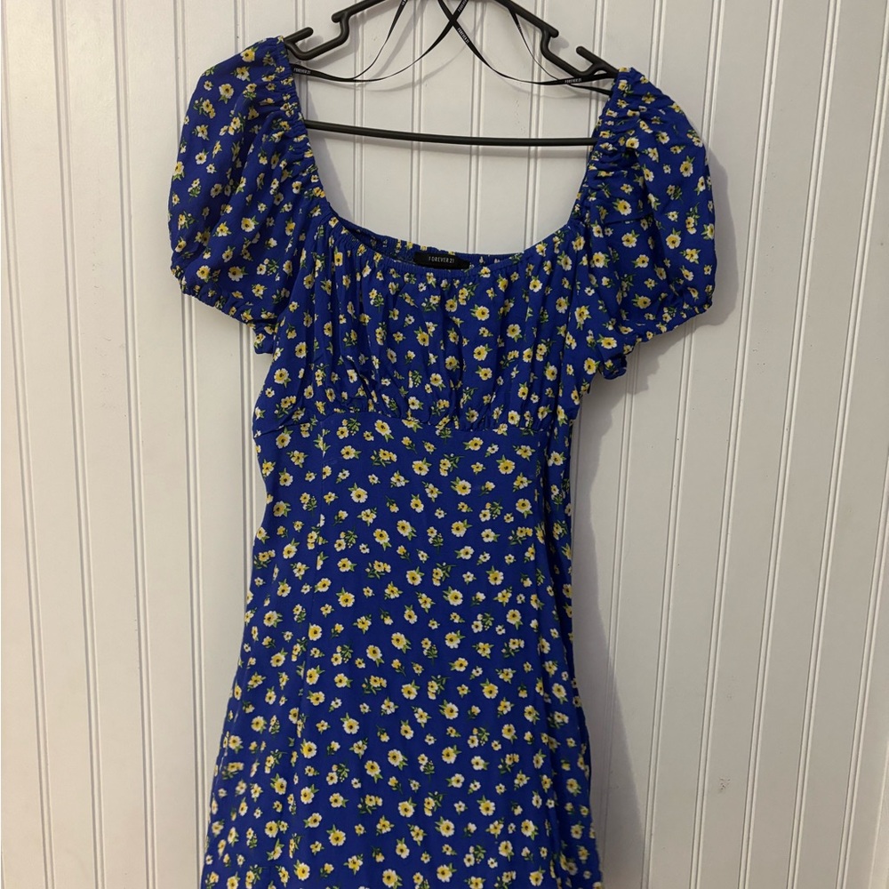 Forever 21 Blue Milkmaid Y2K Dress with Yellow Floral Design